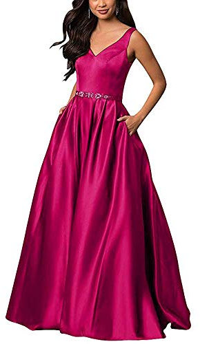 Leader of the Beauty Vestido de noche con cuello en V para mujer, con bolsillos, de satén, maxi vestido formal con cuentas, fucsia, 38