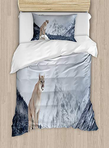 ABAKUHAUS Winter Bettbezugs Set für Einzelbetten, Puma und Snowy Mountains, Milbensicher Allergiker geeignet mit Kissenbezug, 130 x 200 cm, Grau Blau
