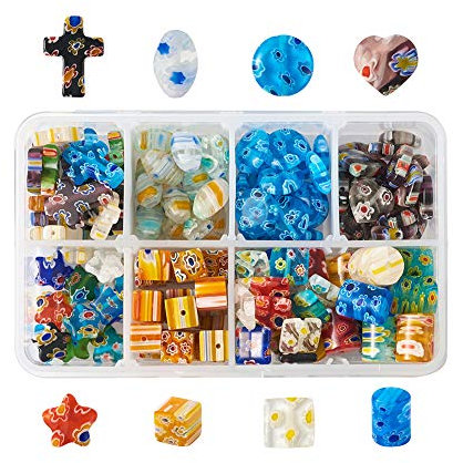 PandaHall Millefiori-Glasperlen, gemischte Formen, Millefiori-Perlen mit Loch für Schmuckherstellung, 165 Stück
