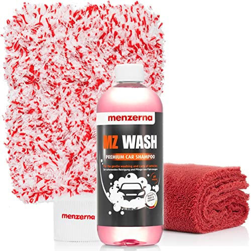 detailmate Autopflege Set: Menzerna MZ Wash Autoshampoo 1 Liter + Menzerna Wash Mitt Waschhandschuh Edgeless Superflausch Mikrofaser Trockentuch 550 GSM, 40x40cm