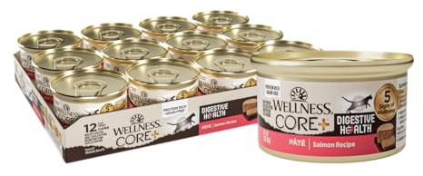 Wellness CORE+ Digestive Health Pate Adult Canned Wet Cat Food, Natural, Protein Rich, Grain Free, Salmon Recipe, 3 oz, Pack of 12 Cans