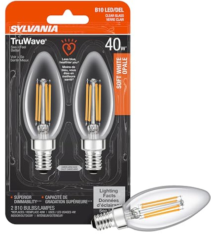Sylvania LED TruWave Natural Series Décor B10 Chandelier Light Bulb, 40W Equivalent Efficient 4W, Candelabra Base, Dimmable, 350 Lumens, Clear, 2700K, Soft White - 2 Pack (40794)