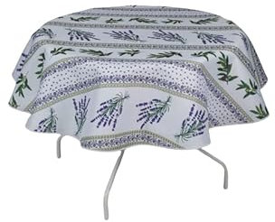 Villages de Provence Runde schmutzabweisende Tischdecke - Faltenbeständig und 100% Polyester - Weiß - Ø 160 cm - Lavande Olive - 4/6 Besteck - Innen oder Außen - Esstisch, Küche oder Garten