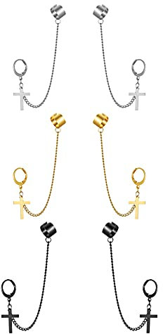 JewelryWe Schmuck 3 Paare Herren Damen Ohrringe Edelstahl Kreuz Kruzifix Creolen Ohrstecker Ohrclip Ohrklemme Ohrkette Hip-Hop Vatertag Geschenk