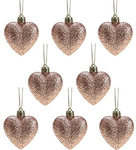 Christmas Concepts® Pack of 8-60mm Heart Shaped Christmas Tree Baubles – Glitter Decorated Baubles (Rose Gold)