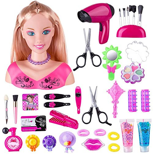 Uposao 35 cabezales de maquillaje para niños, incluye cosméticos y accesorios, secador de pelo, cepillo de maquillaje, maniquí de maquillaje, cabeza de peinado, juego de rol, juguete para niñas a