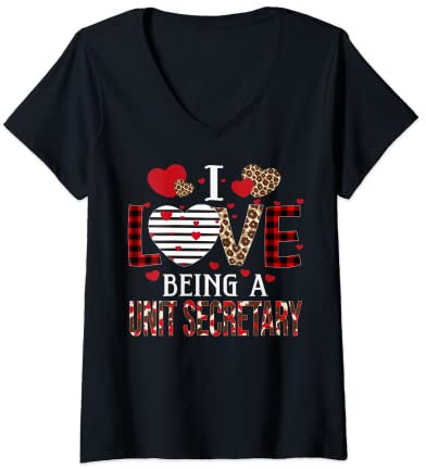 Damen Ich liebe es, eine Einheit zu sein Sekretär Red Plaid Hearts Valentines T-Shirt mit V-Ausschnitt