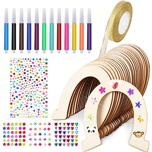 Hufeisen Holz, 41 Stück Hufeisen Kindergeburtstag mit Aquarellstift/Strasssteine Sticker/Glitzerbändern, Hufeisen Holz zum Bemalen, Scheiben Hufeisen für Kinder Party, Geburtstagsdeko, DIY, Hochzeit