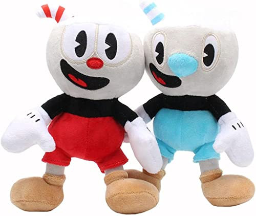 TEXXY 2 STÜCKE Cuphead Plüsch Mugman Spielpuppe Spielzeug 23 cm, Abenteuer Mecup und Brocup Weich gefülltes Plüschtier für Kindergeburtstagsgeschenk
