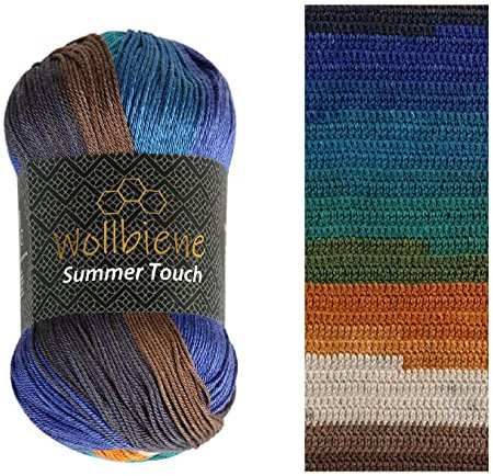 Wollbiene Summer Touch Batik 100 Gramm Wolle Mehrfarbig mit Farbverlauf, 100 Gramm merzerisierte Strickwolle Microfiber-Acryl (512 türkis braun orange 1)