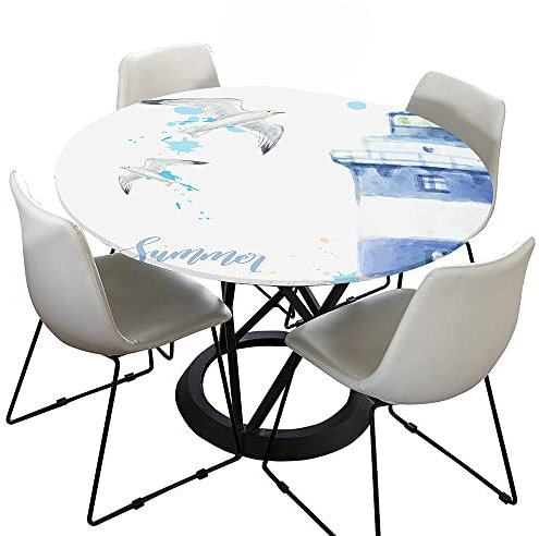 Morbuy Rund Tischdecke Elastisch, Möwe Drucken Rund Tischdecken Wasserdicht Lotuseffekt Abwaschbar Abwischbar Tischtuch für Garten Outdoor Küchentisch (Für Tisch 70-80 cm,Leuchtturm)