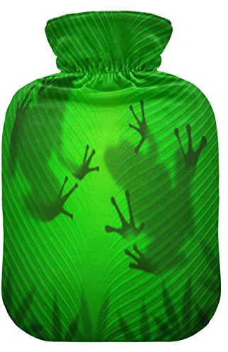 Mnsruu Frosch auf Bananenblatt, grüne Wärmflasche mit Samtbezug, 1 l transparenter Wärmbeutel zur Linderung von Handschmerzen, Heiß- und Kältetherapie-Krämpfen