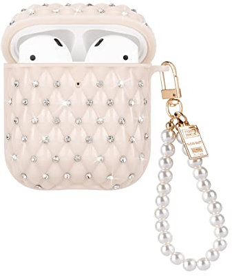 Glitter Diamond Design for AirPods 1/2 Case with Pearl Wrist Chain Keychain,Colorful Sparkle Bling Crystal Airpod 2nd Generation TPU Shock Proof Protective Skin Cover for Women Girls -Beige