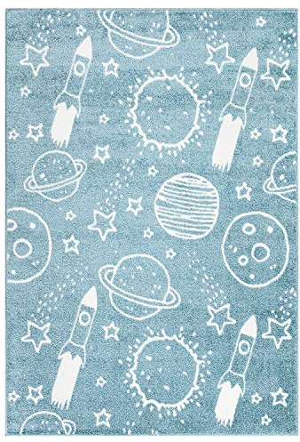payé Teppich Kinderzimmer - Blau - 160x230cm - Galaxy Unviersum Weltall Stern Rakete Spielteppich Kinderteppich Kurzflor Weich