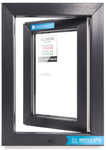Kellerfenster Kunststofffenster anthrazit, BxH: 50 x 110 cm / 500 x 1100 mm Verglasung (32 mm) Dreh-Kipp inkl. Pilzkopfverriegelung, DIN Links (Griff Rechts), 70 mm Profil