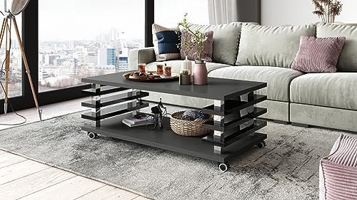 DC-3 Couchtisch Anthrazit matt/Schwarz Hochglanz 120x60cm mit Ablage modern stabil vielseitig Wohnzimmertisch Beistelltisch Sofatisch Zeitloses Design platzsparend robust Wohnzimmer mit Rollen