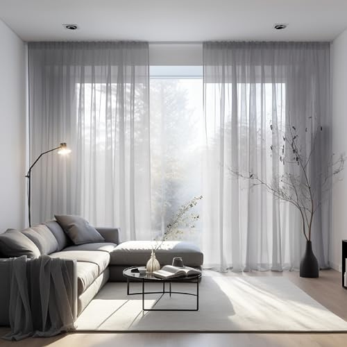 NAKIHOUSE Voile Curtains 84 Drop Pairs Grey Net Curtains for Windows | Light Filtering Voile Panel Slot Top Sheer Curtain for Living Room Bedroom /Nursery Room W52xL84 Inch (132x213cm)