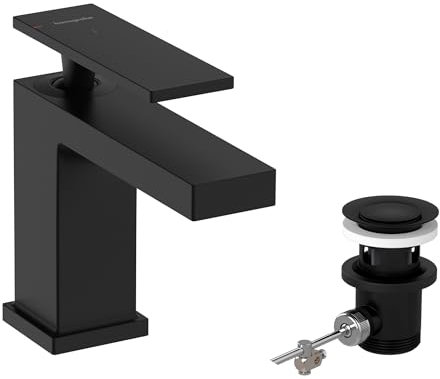 hansgrohe Tecturis E - Waschtischarmatur mit Zugstangen-Ablauf, energiesparend (CoolStart), Wasserhahn Bad mit Auslauf Höhe 90 mm, Mischbatterie wassersparend (EcoSmart+), Mattschwarz, 73002670