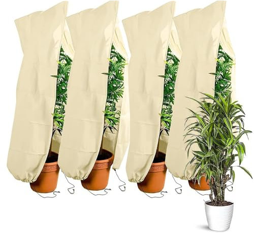 LWuuywa Winterschutz Pflanzen, 4 Stück 80x100cm Atmungsaktiv Pflanzenschutz Wiederverwendbar Jutesack mit Reißverschluss Kordelzug für Baum Palmen Olivenbaum