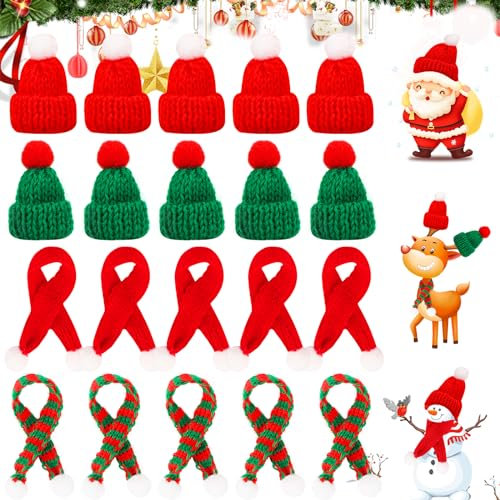 AKONE 20 Stück Mini Weihnachtsmütze und Schal Set, Weihnachtsschal Nikolausmütze, Rote und Grüne Weihnachtsmützen und Schal Kombination, Geeignet für Weihnachten
