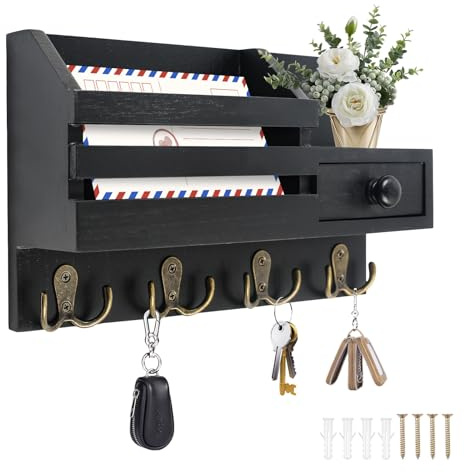 MaxEarn Wooden Key Holder with 4 Double Hooks, Decorative Key Hook Wall Mounted, Wall Organizer Shelf for Letter Storage, Key Rack for Home Hallway (Black)