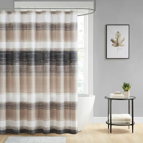 Madison Park Essentials Saben Shower Curtain, Watercolor Print Multi Taupe/Black, 72x72, Machine Washable, Microfiber Fabric, Bathroom