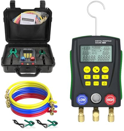 Digitale Monteurhilfe Manifold Gauge Set - HVAC Kältemittel-Leck-Detektor, eingebaute 93 Kältemittel-Datenbank, hochpräzises Kälte-Reparatur-Werkzeug mit 2 Temperatur-Clips & 4 Schläuchen 1.5m