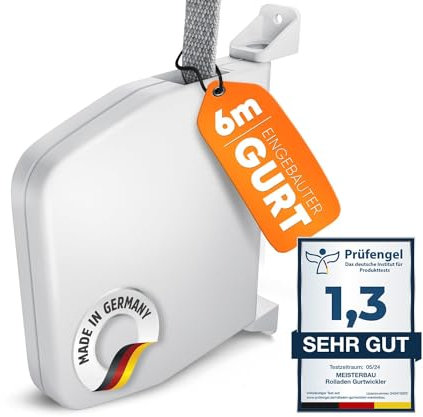 MEISTERBAU - Enrollador de persiana enrollable de 14 mm [fabricado en Alemania] - Rebobinador de persiana plegable con correa de persiana integrada de 6 m de 14 mm - 180° giratorio - Incluye vídeo de