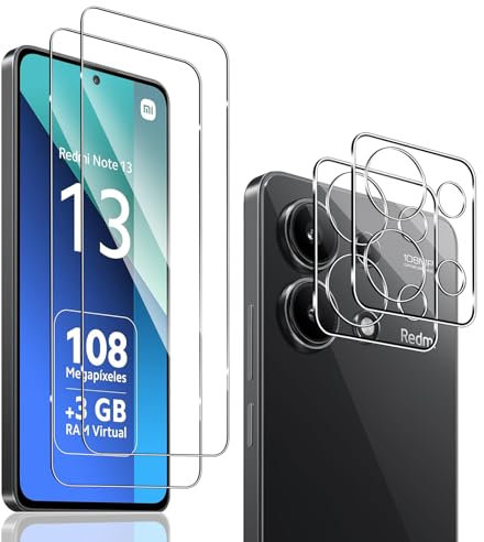 QULLOO [2+2 Piezas Protector de Pantalla para Xiaomi Redmi Note 13 4G & Protector de Lente de cámara, 9H Dureza Vidrio Templado Sin Burbujas Film Cristal Templado para Redmi Note 13 4G