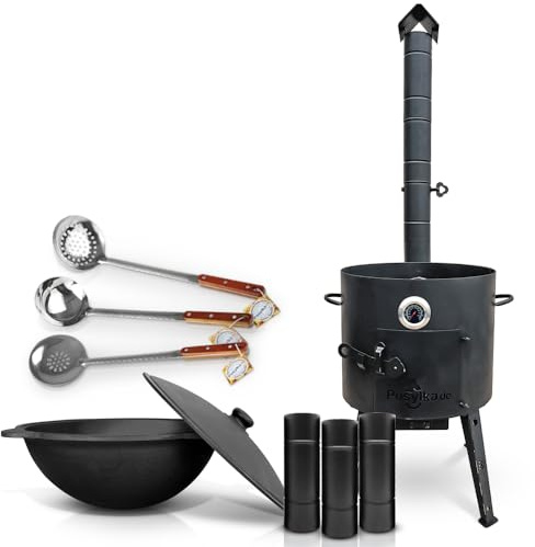 Utschak Feuerofen mit abnehmbarem Ofenrohr Gusseisen Topf runder Boden mit Deckel (12 L) KazanoFF, Учаг, Kazan Outdoor, Feuerschale, Camping, Kasan, Gulaschkanone Dutch Oven (Set 12R - 2)