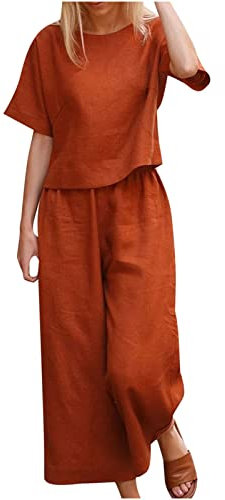EMATOP Leinen Outfits Damen Leicht Baumwolle Hosenanzug 2 Teiler Bluse Tshirt und Lange Hosen Freizeitanzug Casual Einfarbig Jogginganzug Leicht Atmungsaktiv Sportanzug Lose Elegant Tracksuit
