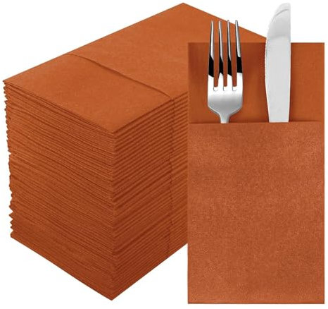 Goldclean Terracotta Napkins Hand Towels Disposable, Linen-Feel Dinner Napkins with Prefolded Built-in Flatware Pocket, Guest Paper Hand Towels For Wedding, Dinner Or Party (16x16in, 50Pack）