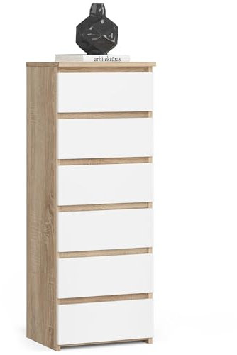 Kommode mit 6 Schubladen Kommode Schlafzimmer Flur Wohnzimmer Organizer Kommode mit Schubladen 40 cm breit 109 cm hoch | sonoma weiß Holz Highboard Sideboard Mehrzweckschrank Schrank schmal