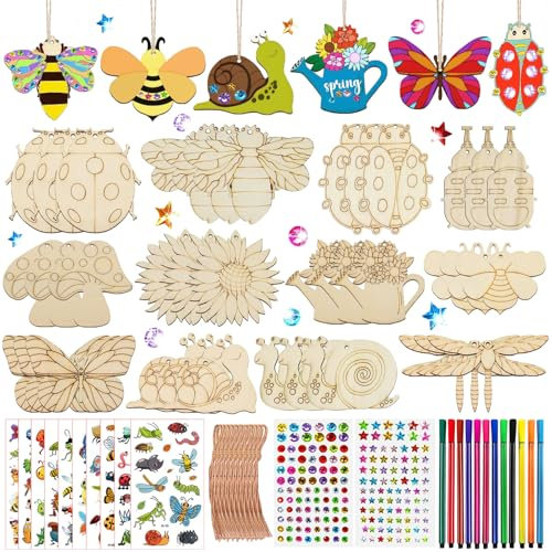 288Pcs Holztiere Bastelset für Kinder, Mit 36 Holz, 202 Strasssteine, 36 Seile, 12 Farbstifte, 2 Aufkleber - DIY Handwerk für Mädchen/Jungen