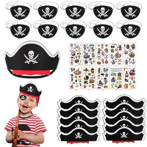 TaoLiMuTX Set di 30 decorazioni per il compleanno dei pirati per bambini, cappello da pirata per bambini, cappello da pirata, tatuaggio pirata, festa dei pirati