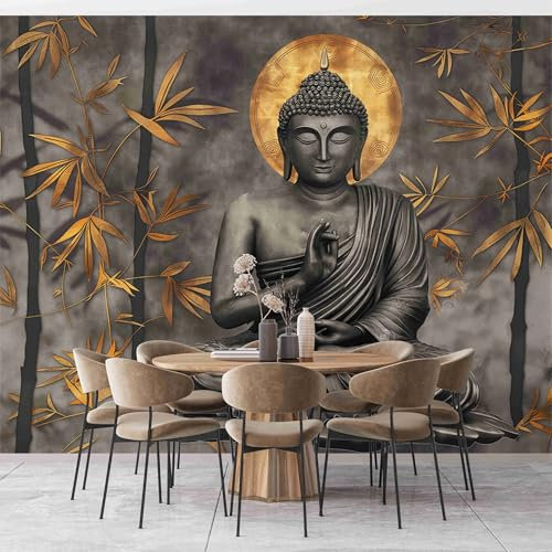 Statue Buddha Fototapete Grau Fototapeten Wandbild Motivtapeten Vlies-Tapeten Moderne Wandtapete Wand Schlafzimmer Wohnzimmer Dekoration 200x140 cm