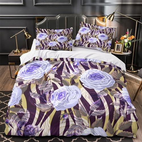 GDEKCIEAS English Roses Zebra Skin Boys Bedding Set,3 Pieces Duvet Cover with Zipper Closure,Lightweight Comforter And Quilt Cover for Teens King（220x240cm）