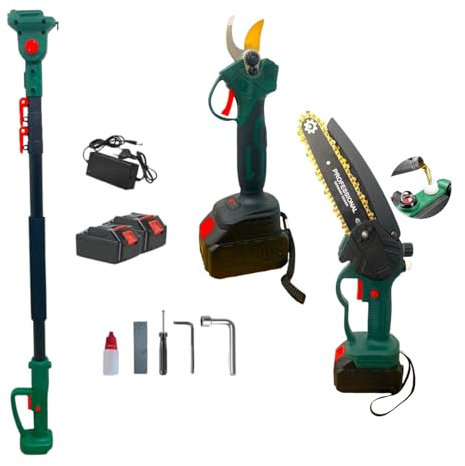 Kit da Potatura 3 in 1 Motosega a Batteria 6 Lubrificazione Olio Automatica + Forbice Cesoia a Batteria + Asta Telescopica 148-248cm Doppia Batteria 68V per Potatura Giardino Rami Arbusti Vigneto