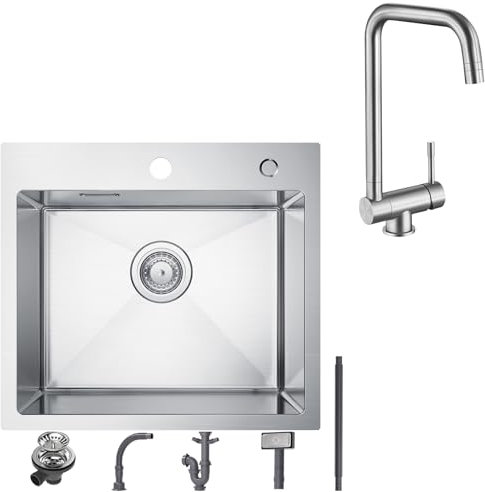 CECIPA 50x45 cm Evier Inox 1 Bac avec Robinet Cuisine Rabattable