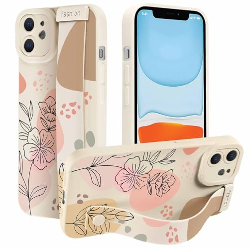 Foonary White Geometric Color Phone Case for iPhone 11 6.1 with Wrist Strap Stand,Aesthetic Patterns Cases, Hand Holder Protective Cover for Women Girls with Finger Grip,for iPhone 11