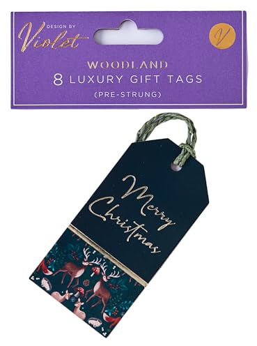 Design by Violet Christmas Woodland Reindeer Gift Tags Xmas - Pack of 8 - Pre Strung Luxury Tags - Gift Tags for Presents - Gift Wrap for Christmas - Christmas Wrap