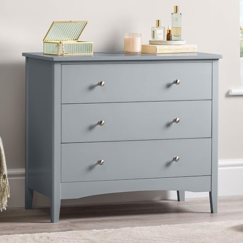 CHRISTOW Grey Chest Of Drawers, 3 Drawer Storage Organiser Unit, Modern Wooden MDF Bedroom Cabinet Furniture, Living Room Hallway, Brushed Chrome Handles, Smooth Glide Runners (70cm x 80cm x 40cm)