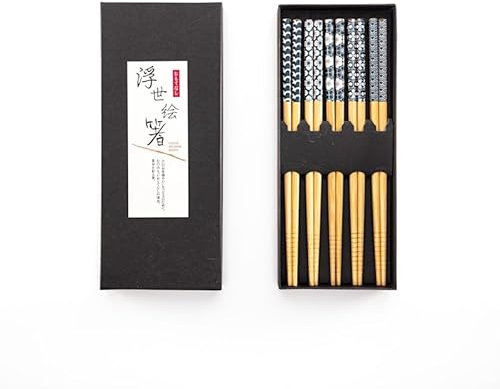 Bamboo Chopsticks Set, 5 Pairs of Stylish Japanese Wooden Chopsticks in Black Box - Perfect Reusable Cooking & Dining Gifts for Anime Fans and Beginners (Blue and White)
