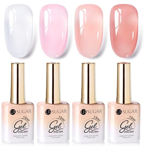 UR SUGAR 15ML Vernis Semi Permanent Gel Transparent Milky Nude Pink Vernis à ongles 4 Couleurs, Naturelle Rose Blanc Laiteux Cristal UV/LED Manucure Nail Art Kit