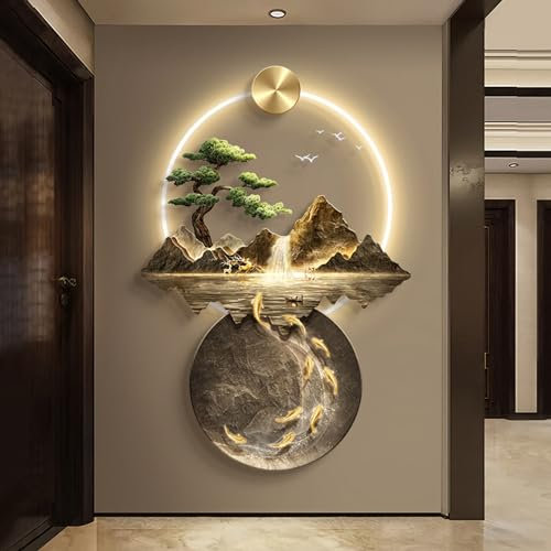3D Wandmalerei Wand hängende Skulptur, 3D-Wandgemälde mit Licht, Wandskulptur aus Metall, luxuriöse Wanddekoration mit Bergwasserbaum, orientalisches Dekor, Landschaftsgemälde for Aufhängen(A,90L x 60