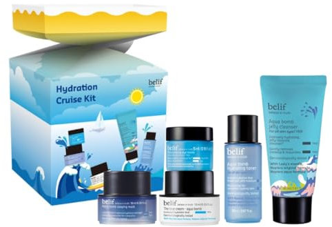 belif Aqua bomb Hydration Cruise Set | 5 items, travel size, gift set, minis, hydrating toner, face cream, eye cream, sleeping mask, cleanser, Korean skincare, Korean beauty, Korean moisturiser