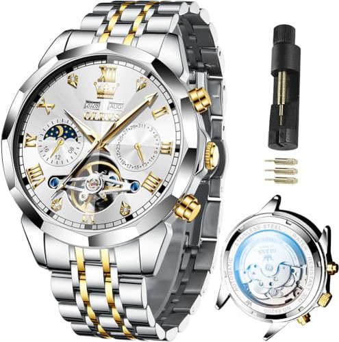 OLEVS Herren-Armbanduhr für Herren, automatisch, Edelstahl, Business-Kleid, Skelett, mechanisch, wasserdicht, leuchtend, selbstaufziehend, luxuriös, Diamant-Herrenuhren, Silberne Herrenuhr, silver men