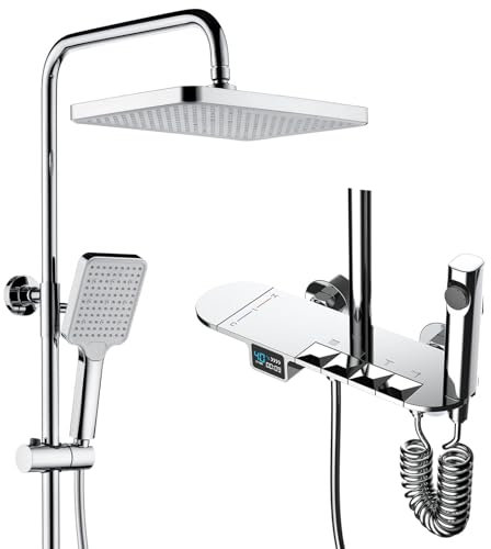 GODFSAHG Sistema de Ducha termostático, Ducha de Lluvia Cuadrada de 30 x 20 cm, Pantalla Digital LED, Grifo de Ducha Completo con Teclas de Piano, Grifo de baño de Mano, Pistola rociadora,