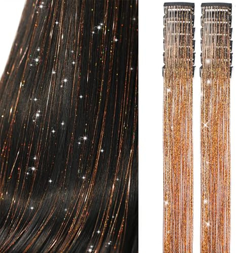Mscat Hair Tinsel 12 Pcs Clip in Hair Tinsel Kit for Girls 20.5 Inch Glitter Shiny Sparkly Fairy Tinsel Hair Extensions Heat Resistant Party Festival Accessories for Women Kids (Champagne)
