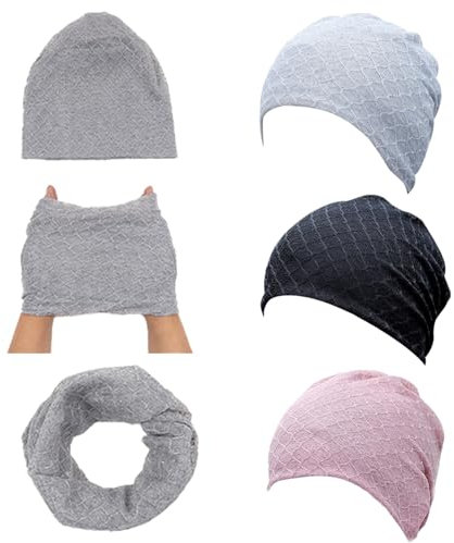 FOSDICK 3 Pack Slouchy Beanie Mütze für Damen und Herren, Chemo Kopfbedeckung Damen Sommer, Leichte Mütze Schlafmütze für Frauen Männer (Schwarz, Grau, Rosa)